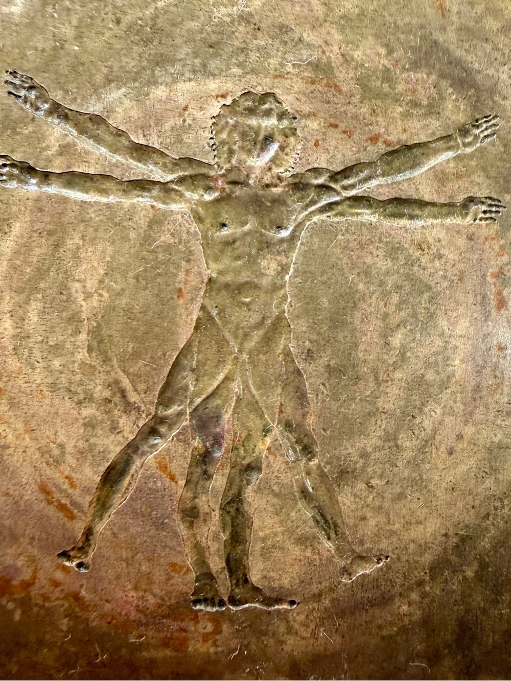 Vintage Heavy Brass PRINTING PLATE with carved Da Vinci Vitruvian Man 4” x 4" - Picture 4 of 9